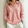 Outono 2026 Camiseta de Tricô Waffle Manga Longa Europeia e Americana Transfronteiriça Feminina Solta Cor Sólida Gola Polo Top