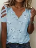 2025 Ropa Nueva de Mujer para Exportación Transfronteriza Europea y Americana, Cuello en V, Cremallera, Estampada, Manga Corta, Holgada, Casual, Camiseta, Tops para Mujer