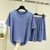 Pijama de máscara facial canelada de seda gelada para mulheres no verão, conjunto de 2 peças com shorts de manga curta, conjunto fino para ficar em casa e relaxar, pode ser usado na rua