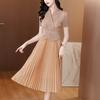 Vestido Plissado Miyake com Gola de Terno Bronzeado da Moda 2025 Verão Novo Saia Plissada Cintura Emagrecimento Look Saia Mágica