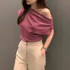 Chic Coreano2025 Verano Francés Hombro Asimétrico Diseño Holgado Color Sólido Suéter Camiseta de Manga Corta para Mujer Tendencia