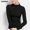 Nueva Camiseta de Manga Larga Sólida Elástica Ajustada de Cuello Alto Medio para Mujer, Top Versátil Base, Moda Primavera 2018