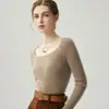 Moda Outono e Inverno Nova Elegante Estilo Puro Desejo Gola Redonda Grande Ajustado Suéter de Tricô de Caxemira para Mulheres Suéter de Camada Base Justo