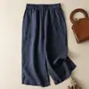 Calça Casual Vintage de Algodão e Linho de Cor Sólida, Corte Amplo, Tamanho Plus, Cropped, Perna Larga, para Mulheres, Adequada para Exportação e Dropshipping