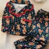 Pijama de Niña con Encaje, Cuadros y Oso Marrón, Conjunto de Cardigan de Manga Larga y Pantalones para Primavera y Otoño, Ropa para Dormitorio Estudiantil y Hogar