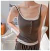 10125 # Camisola de Color Contrastante Falsa de Dos Piezas Abotonada Top de Verano Ajustado con Almohadillas en el Pecho Ropa de Abrigo Versátil sin Mangas