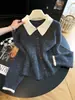 Elegante cárdigan de punto con cuello polo de estilo francés y bloques de color para mujer, nuevo top de manga larga para otoño e invierno
