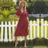Novo Vestido de Verão 2024 com Decote V, Estampa de Bolinhas, Saia Evasê com Laço Recortado, Exportação Francesa Europeia e Americana, Comprimento Médio para Mulheres