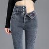 Jeans de Outono e Inverno para Mulheres 2023 Novo Inverno de Cintura Alta Alto e Slim Justo Calças de Perna Pequena Espessas Forradas com Lã