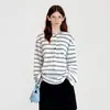 Camisa henley estilo fan miu com fivela de chifre de boi listrada retrô preguiçosa de manga comprida solta feminina novo estilo 2026
