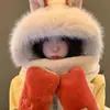 Conjunto de Chapéu de Pelúcia e Cachecol de Inverno com Design de Raposa, Espessado e Forrado com Fleece para Aquecimento, Chapéu Lei Feng, Protetor de Pescoço para Ciclismo, Conjunto Fofo de Três Peças