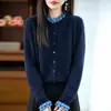 100% Lã Outono/Inverno 2026 Novo Cardigan Suéter Casaco Feminino Solto com Gola Franzida, Color Block, Renda Plissada Tricot