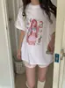 Camiseta Casual de Verão Solta Versátil com Estampa de Desenho Japonês Estilo Doce para Menina, Manga Curta, Algodão Puro