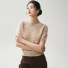 Suéter de cachemira estilo retro minimalista con cuello alto medio trenzado, top de punto para mujer, nueva colección otoño 2026, top corto favorecedor de manga corta