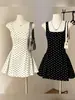 Vestido blanco de lunares para mujer, vestido de verano petite ajustado a la cintura con cinturón, falda corta de línea A, vestido de mujer estilo coreano