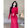 Vestido Jersey de Punto Cola de Pez Único y Hermoso Coreano para Mujer en Otoño e Invierno, Lujo Accesible, Elegante, Elegante y Falda Ol de Cintura Apropiada