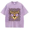 Camisetas Vintage para Mujer Lavado Ácido Estampado de Leopardos y Dibujos Animados