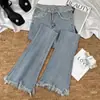 Calça Jeans Bootcut com Barra Desfiada para Mulheres na Primavera e Outono de 2025 Cintura Alta Slim com Franjas Pantalona Ferradura para Mulheres