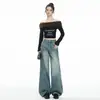 Jeans azul escuro com faca curva feminino reto solto slim outono e inverno novo 2026 versátil americano perna larga comprimento total calças
