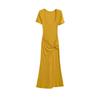 Vestido Retro Elástico de Cuadrado Europeo y Americano de Manga Corta para Mujer con Cintura de Diseño Retorcido Cruzado Falda Larga que Cubre la Cadera Color Puro