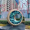 Escultura de Anillo Paisajística Acero Inoxidable Personalizada Grande Luminosa Luna Espejo Abstracta Fuente de Agua Hueca Exterior
