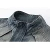 Chaqueta de Mezclilla Amarilla con Tinte de Barro, Cuello Alto, Desestructurada, Lavada, Desgastada, Estilo Retro Americano, Para Hombre, Primavera Otoño, Retazos, Holgada, Moderna