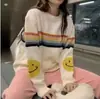Suéter listrado colorido estilo coreano com rosto sorridente para mulheres, nova coleção outono e inverno, blusa de tricô casual solta com gola redonda
