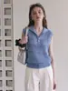 Chaleco de punto calado azul de alta gama con media cremallera para mujer, solapa única, súper atractivo, top sin mangas