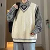 Chaleco suéter de punto trenzado con cuello en V estilo universitario para hombre, suéter de punto en capas retro moderno para otoño e invierno
