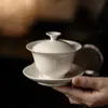 Miyuan Ceniza de Hierba Color Puro Cerámica Gaiwan Taza de Té Taza de Maestro Set de Té Kung Fu Colección Set de Accesorios Simples para Ceremonia de Té