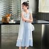 Conjunto de Verão para Meninas de Duas Peças 2025 Estilo Coreano para Crianças Mais Velhas, Vestido Longo Listrado Estilo Férias com Bainha Cardigã Vazada
