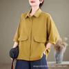 Camisa de algodón de doble capa con cuello polo para mujer, talla grande, que cubre el vientre, adelgazante, holgada, informal, de verano, de manga corta, color liso.