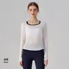 Top de yoga transfronterizo ligero con tacto fresco, colores contrastantes, corte holgado, adelgazante, bloques de color, manga larga, para fitness femenino y entrenamiento de deportes al aire libre