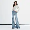 Jeans acampanados cropped de color azul claro para mujer, nueva colección de principios de otoño 2026, pantalones sencillos casuales de caída libre hasta el suelo