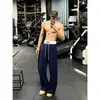 Pantalones Deportivos Versátiles para Hombre de Color Azul Oscuro con Dobladillo Curvo Estilo Americano Peso Pesado Adelgazantes Deportivos Pierna Ancha Pantalones Largos Hip-Hop