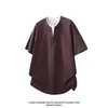 Camiseta única com gola Henry de manga curta para homens, conjunto de duas peças de verão com caimento solto, manga meia-manga, top moderno estilo japonês