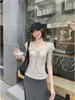 Camiseta Delgada con Escote en V Bajo y Corbata de Moño para Mujer, Estilo Chica Caliente de Verano Ajustada para Capas Interiores, Elegante Camisa de Manga Corta