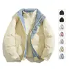 Invierno 2025 Nuevo Cuello de Doble Capa Empalme a Cuadros Chaqueta de Algodón de Dos Piezas Falsas Moda para Parejas Casual Chaqueta de Panadería Moderna