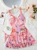 Lencería Sexy para Mujer Estilo Retro Francés Estampado Romántico Sexy Escote en V Profundo Encaje Delgado Vestido de Tirantes Fino 6136