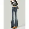 Jeans Feminino Retro Americano Bordado Azul-Cinza Micro-Flare Outono 2026 Novo Cintura Baixa Emagrecedor Flare Calça Longa