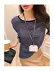 Camiseta Feminina de Tricô Tencel Color Block Estilo Coreano, Manga Longa, Caimento Solto, Fina, Levemente Transparente, Top com Proteção Solar
