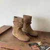 Botas de tacón plisadas apiladas vintage Chuyuji para mujer, Otoño 2026, Estilo Western, Botines cortos adelgazantes y versátiles