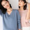 Suéter fino de cuello redondo y escote en V con volantes de color liso para mujer, suéter holgado que combina con todo, camisa con hombros caídos y suéter fino para primavera y otoño