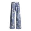 Plus Size Vintage Estilo Nacional Flor Calça Jeans Perna Larga Masculina Outono Nova Lavada Cintura Alta Solta Calça Reta Slimming