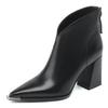 Botas de Bico Fino Estilo Francês para Mulheres 2025 Outono e Inverno Nova Moda Salto Grosso Botas Slim Forradas com Lã Botas Curtas Populares