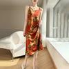Vestido camisola floral de verão totalmente combinando vestido francês de cetim silk-screen flor vestido feminino decote em V emagrecimento solto.