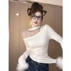 Atacado Transfronteiriço Elegante de Alta Qualidade Estilo Francês Ajustado ao Corpo Camisetas para Mulheres, Gola Halter com Plumas Ombro a Ombro Camisa Base