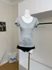 2026 Foto Real Camiseta Adelgazante de Gran Cuello en U Pura Tentación que Realza la Cintura con Hombros Rectos Manga Corta