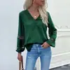 Yiyi Outono e Primavera Popular Camisa de Manga Longa com Patchwork de Renda Pulôver Gola V Camisa Vazada Amazon Cross-Border Moda Feminina