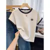 Moda Feminina Primavera/Verão 2026 Estilo Explosivo Popular Bloco de Cores Manga Curta Algodão Puro Ombro Normal Top Versátil Redutor de Idade Emagrecedor